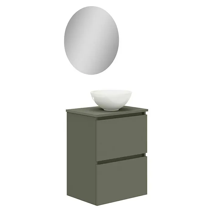 Artysan Conjunto de mueble de baño Nuca - Ancho: 45 cm, Verde Musgo, 3 pzs. - Un moderno mueble de baño en verde oliva, con lavabo sobre encimera y espejo redondo. Diseño elegante para tu espacio de baño.