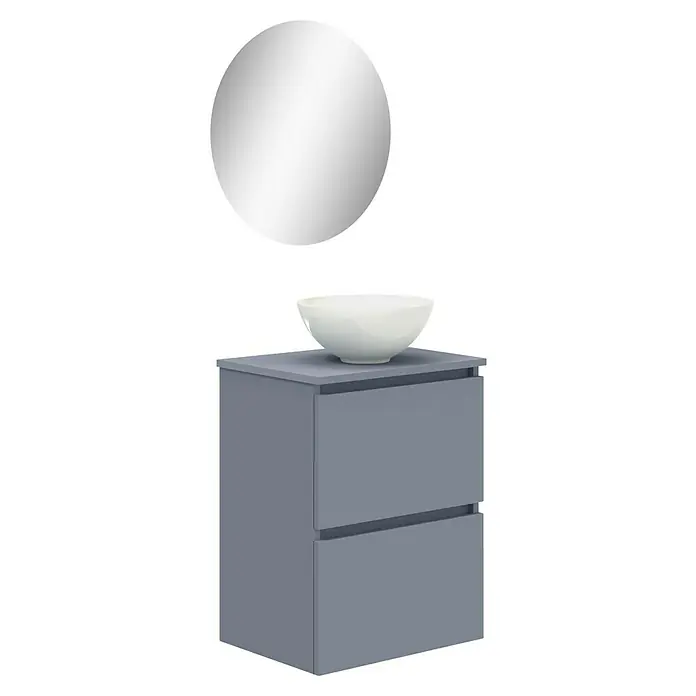 Artysan Conjunto de mueble de baño Nuca - Ancho: 45 cm, Azul, 3 pzs. - Mueble de baño moderno gris con lavabo sobre encimera y espejo redondo para un baño elegante.