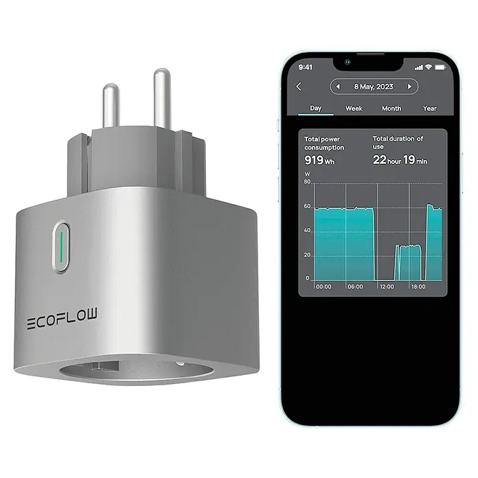 EcoFlow Steckdose Smart Plug - Grau - Intelligenter EcoFlow-Stecker mit Stromverbrauchsanzeige auf einem Smartphone.