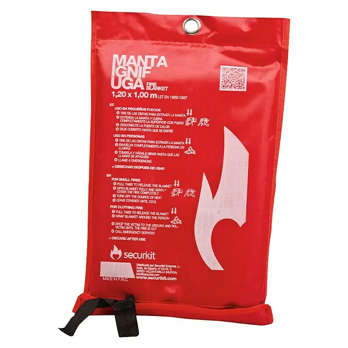 Manta ignífuga Securikit - L x An: 1,2 x 1 m - Manta ignífuga en embalaje rojo con instrucciones de uso.