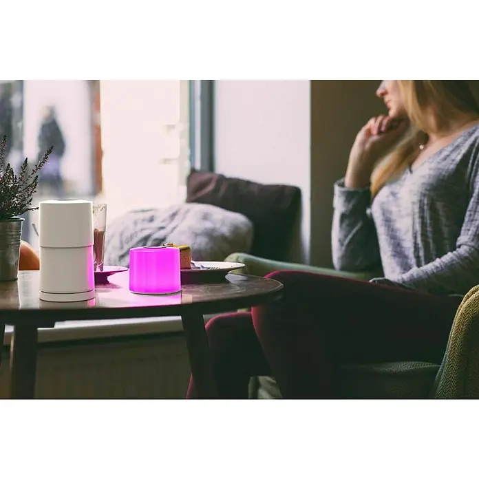 Lutec Akku-Tischleuchte NOMA Erweiterung2,3 W, RGBW, Farbe: Weiß, 1 Stk. - Tischleuchte und ein pinkfarbener Lautsprecher auf einem Tisch in einem Café.