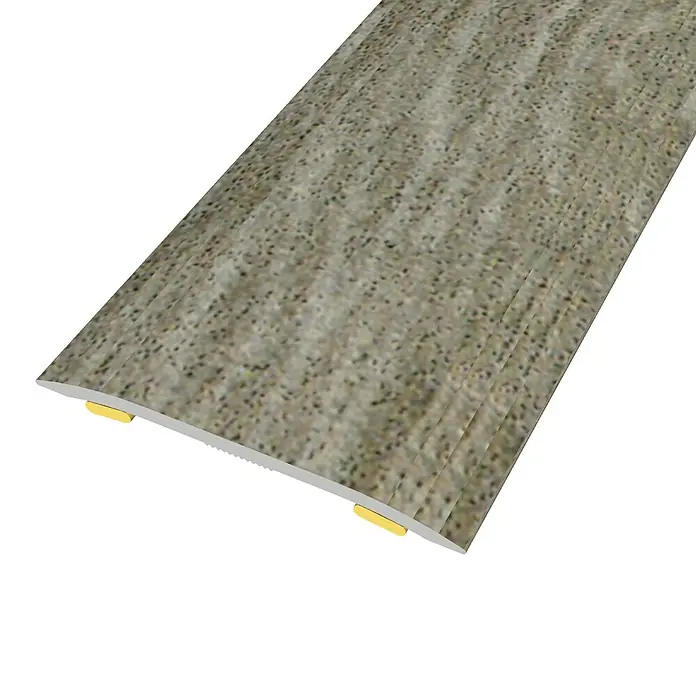 Baglinox Junta de transición Nice - 37 mm x 90 cm, Pegado - Imagen de un umbral de suelo con una superficie beige-gris y elementos de montaje amarillos.
