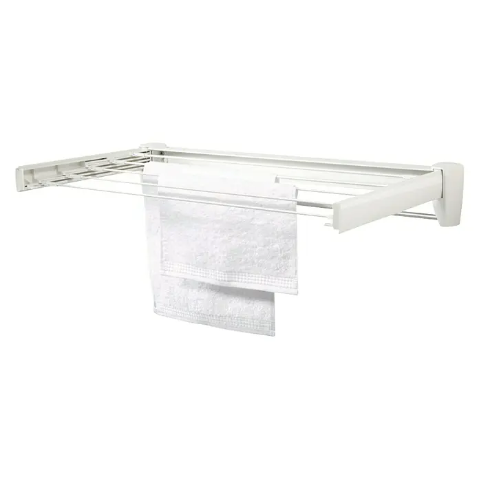 Leifheit Wandwäschetrockner Telegant 36 Protect Plus - Länge Wäscheleine: 3,6 m, 72 cm, Farbe: Weiß - Ein weißer, ausziehbarer Wäschetrockner mit zwei weißen Handtüchern darauf, ideal für kleine Räume.