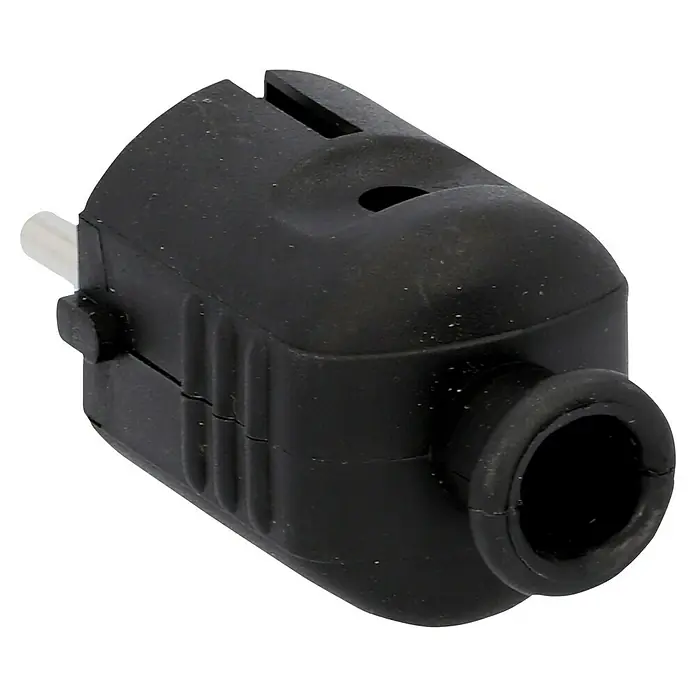 UniTEC Schutzkontaktstecker - Schwarz, 250 V - Nahaufnahme einer schwarzen Steckerleiste mit einem hervorstehenden Stift und einem runden Anschluss.