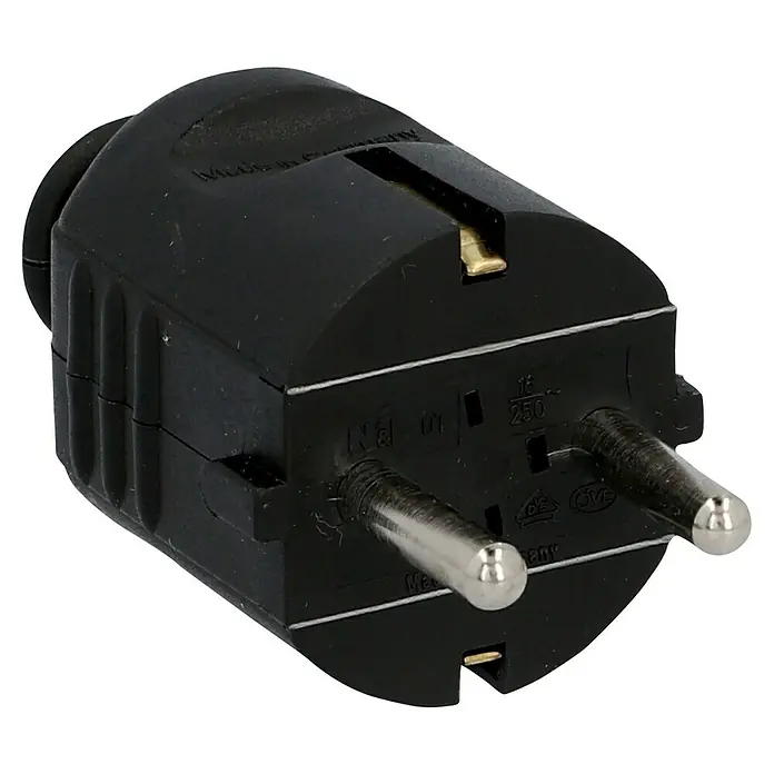 UniTEC Schutzkontaktstecker - Schwarz, 250 V - Schwarzer Eurostecker mit zwei runden Stiften und Erdungskontakt für den europäischen Markt, gefertigt in Deutschland.