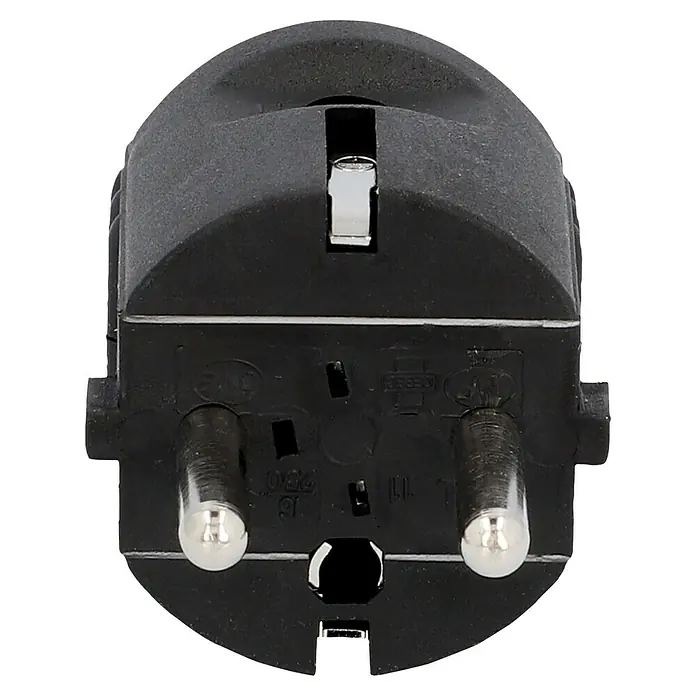 UniTEC Schutzkontaktstecker - Schwarz, 250 V - Detailaufnahme eines schwarzen Schuko-Steckers, der für europäische Steckdosen geeignet ist und einen Schutzleiterkontakt besitzt.