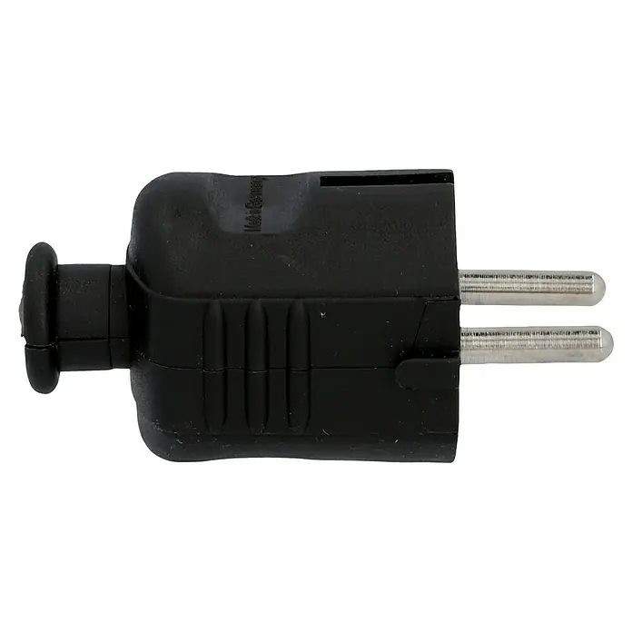 UniTEC Schutzkontaktstecker - Schwarz, 250 V - Abbildung eines schwarzen Eurosteckers mit zwei runden Stiften, hergestellt in Deutschland, ideal für europäische Stromnetze.