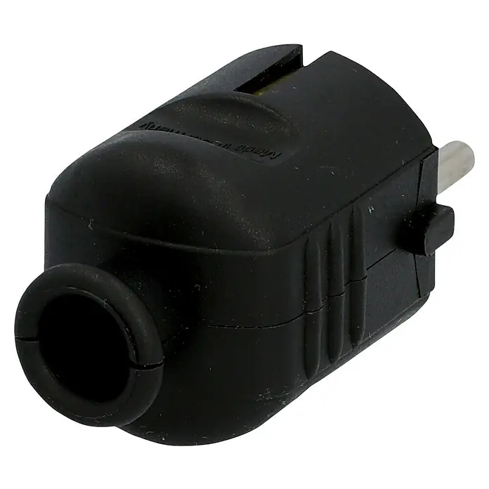UniTEC Schutzkontaktstecker - Schwarz, 250 V - Nahaufnahme eines schwarzen Schuko-Steckers mit rundem Design und hervorstehenden Stiften für sichere Stromverbindungen.