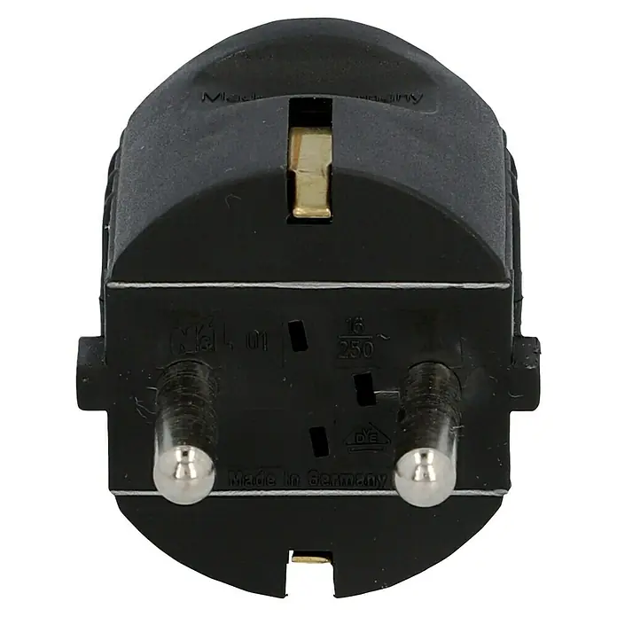 UniTEC Schutzkontaktstecker - Schwarz, 250 V - Nahaufnahme eines schwarzen, runden Schutzkontaktsteckers, der in Deutschland hergestellt wurde, mit zwei Stiften und einem Erdungskontakt.