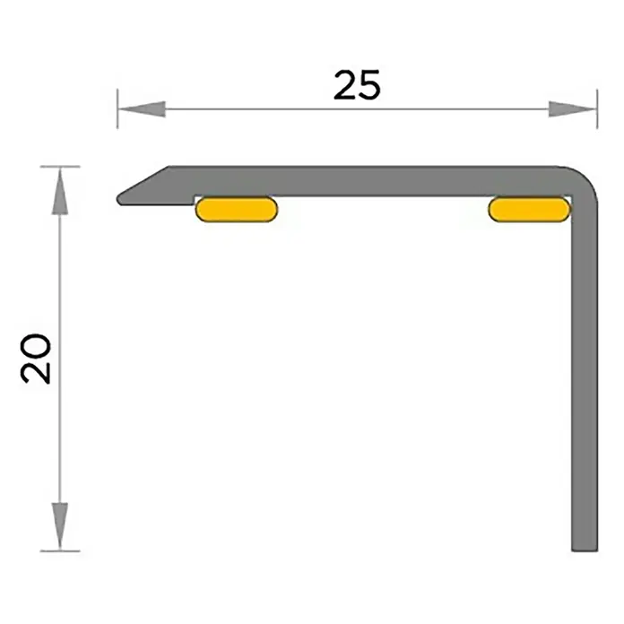 Baglinox Perfil angular Chelsea - L x An x Al: 135 cm x 20 mm x 25 mm, Aluminio - Ilustración de un perfil de esquina de 25 x 20 mm, ideal para protección de bordes y esquinas.