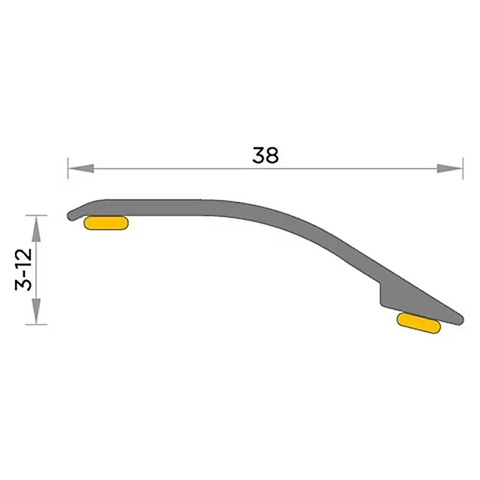 Baglinox Perfil de transición inclinado Bristol - 90 cm x 38 mm - Un perfil detallado de una tira de transición gris con fijaciones amarillas, incluyendo medidas dimensionales.