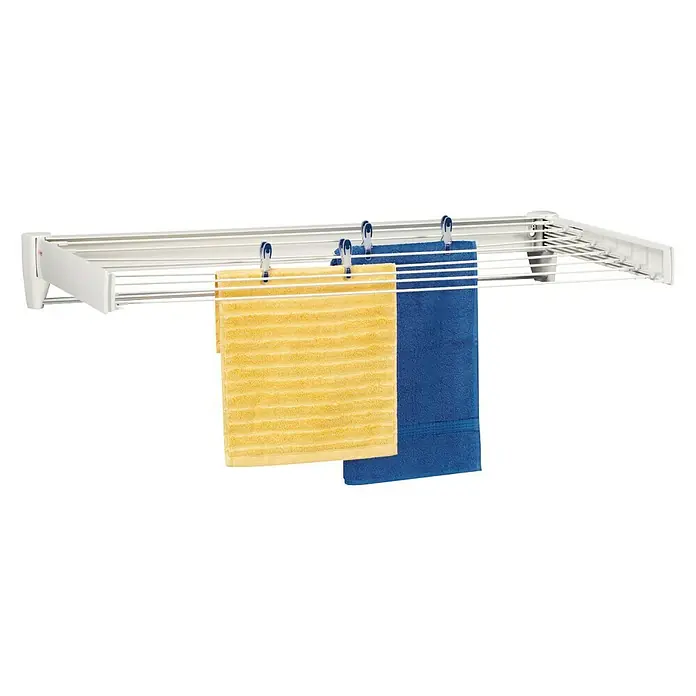 Leifheit Wandwäschetrockner Telegant 81 Protect Plus - Länge Wäscheleine: 8,1 m, 103 cm, Farbe: Weiß - Wäscheständer mit gelben und blauen Handtüchern, ideal zum Trocknen von Kleidung. Platzsparend und praktisch.