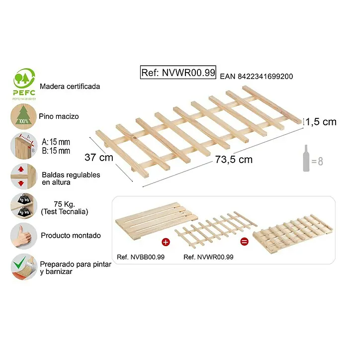 Astigarraga Evolution Botellero - L x An x Al: 37 x 73,5 x 1,5 cm, Madera - Imagen del producto de un somier de láminas de madera maciza, ideal para pintar y barnizar, con dimensiones de 37 x 73,5 x 1,5 cm.
