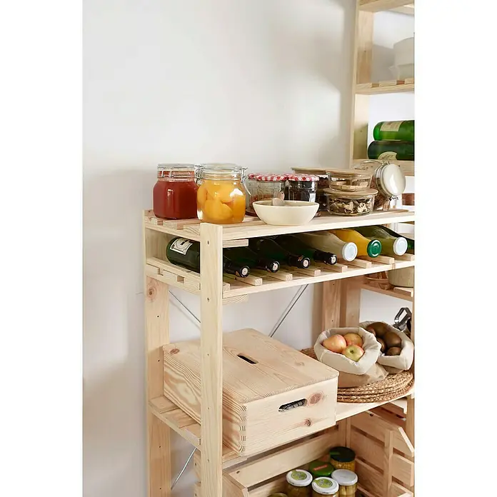Astigarraga Evolution Botellero - L x An x Al: 37 x 73,5 x 1,5 cm, Madera - Estantería de madera versátil que exhibe alimentos como frutas en conserva, vino y manzanas, ofreciendo una solución de almacenamiento natural.