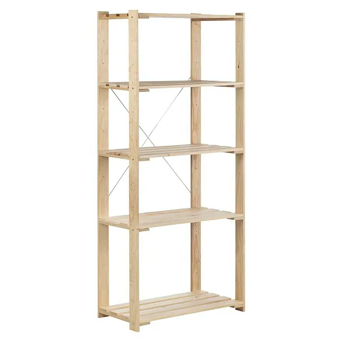 Astigarraga Evolution Estantería de madera - Al x An x Pr: 174,5 x 76,7 x 38,5 cm, Número de baldas: 5 ud., Atornillado, Natural - Una estantería de madera con cinco niveles y refuerzos metálicos ofrece un amplio espacio de almacenamiento. Ideal para sótano o garaje.