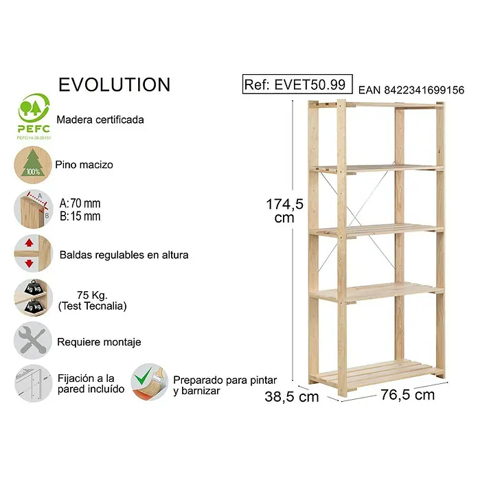 Astigarraga Evolution Estantería de madera - Al x An x Pr: 174,5 x 76,7 x 38,5 cm, Número de baldas: 5 ud., Atornillado, Natural - Imagen de una estantería de madera de cinco niveles sin acabado EVET50.99, que incluye información del producto y dimensiones.