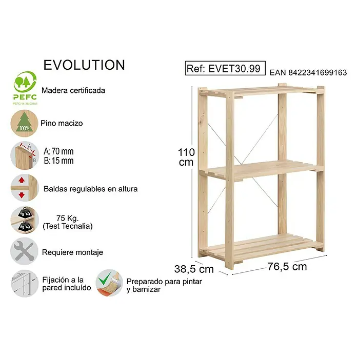 Astigarraga Evolution Estantería de madera - Al x An x Pr: 110 x 76,7 x 38,5 cm, Número de baldas: 3 ud., Atornillado, Natural - Imagen del producto de una estantería de madera de pino sin tratar con tres niveles y dimensiones de 110 x 76,5 x 38,5 cm.