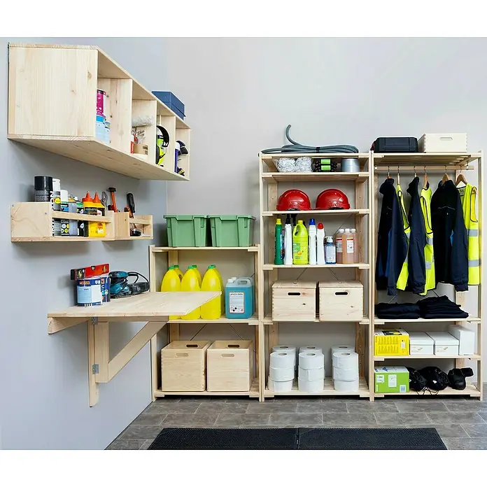 Astigarraga Evolution Estantería de madera - Al x An x Pr: 110 x 76,7 x 38,5 cm, Número de baldas: 3 ud., Atornillado, Natural - Estanterías de pared de madera con herramientas, contenedores, limpiadores, ropa de trabajo y banco de trabajo. Organización práctica.