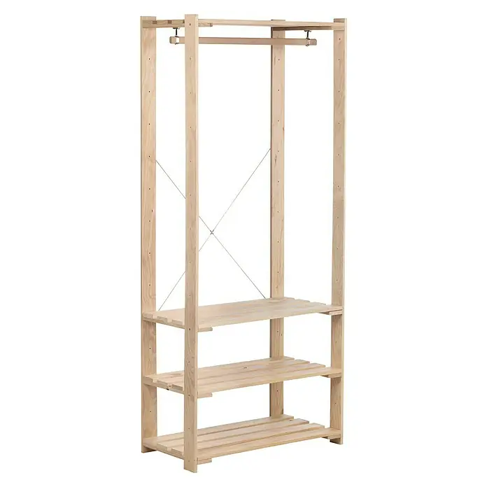 Astigarraga Evolution Perchero - L x An x Al: 38,5 x 76,5 x 174,2 cm, Natural - Un perchero de madera con estantes y barra para colgar, perfecto para organizar ropa y zapatos en el dormitorio.
