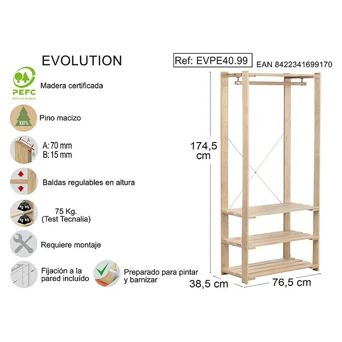 Astigarraga Evolution Perchero - L x An x Al: 38,5 x 76,5 x 174,2 cm, Natural - Imagen de la estantería de madera Evolution EVPE40.99, madera certificada, dimensiones 174,5 x 76,5 x 38,5 cm, capacidad de carga 75 kg, automontaje.