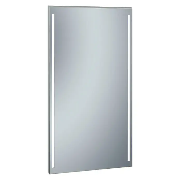 Camargue Espejo con luz Slim - 45 x 90 cm - Primer plano de un espejo rectangular moderno con iluminación LED integrada en los lados, ideal para baños.