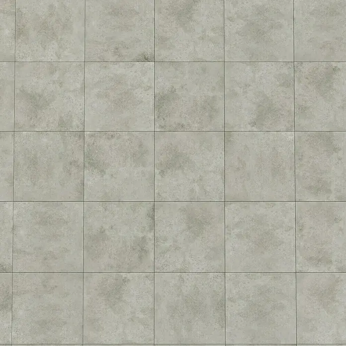 Cersanit Terrassenfliese Metropolis - 59,3 x 59,3 x 2 cm, Light Grey, Matt - Nahaufnahme eines Bodenbelags aus quadratischen, grauen Fliesen mit subtilen Texturen und dunklen Fugenlinien.