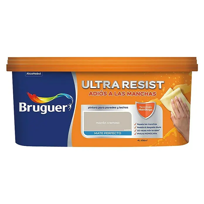 Bruguer Ultra Resist Pintura para paredes - Marrón cremoso, Mate, 4 l - Pintura Bruguer Ultra Resist para paredes y techos, color marrón cremoso, lata de 4L con protección antimanchas y alta lavabilidad.