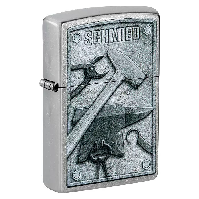 Zippo Sturmfeuerzeug Classic Street Chrome™ - Schmied - Metall-Feuerzeug in Silber mit geprägten Schmiedewerkzeugen und "SCHMIED"-Schriftzug.