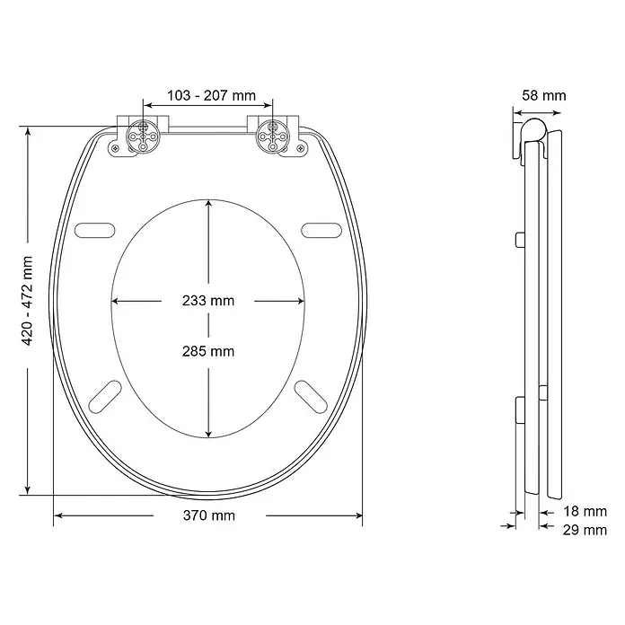 Poseidon WC-Sitz Leopard - MDF, Mehrfarbig, Mit Absenkautomatik - Abbildung einer Toilettenbrille mit den zugehörigen Maßen. Die Maße helfen beim Kauf der passenden Brille.