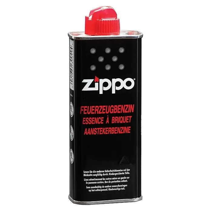 Zippo Spezialbenzin - 125 ml, Passend für: Zippo Sturmfeuerzeuge - Schwarze Zippo Feuerzeugbenzin-Dose mit roter Verschlusskappe, Zippo Logo und mehrsprachiger Produktbezeichnung.