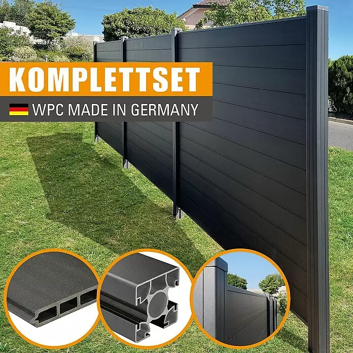 Kovalex Sichtschutzelement Premium Startermodul Komplettset - B x H: 180 x 180 cm, Anthrazit - Dunkelgrauer WPC-Sichtschutzzaun im Garten, mit Nahaufnahmen von Hohlkammer-WPC-Brettern und Aluminiumpfosten. Komplettset, Made in Germany.