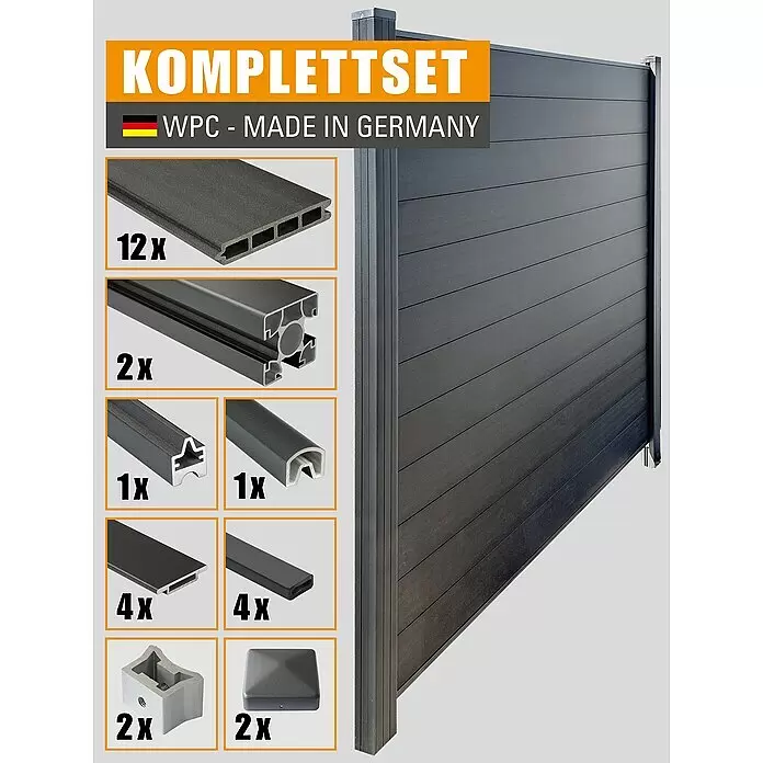 Kovalex Sichtschutzelement Premium Startermodul Komplettset - B x H: 180 x 180 cm, Anthrazit - Dunkelgraues WPC-Sichtschutzzaun Komplettset, mit Zaun und Einzelteilen.