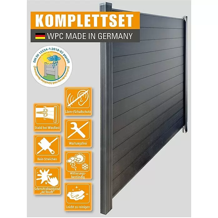 Kovalex Sichtschutzelement Premium Startermodul Komplettset - B x H: 180 x 180 cm, Anthrazit - Dunkelgrauer WPC Sichtschutzzaun, Komplettset "Made in Germany", wetterbeständig und wartungsfrei.