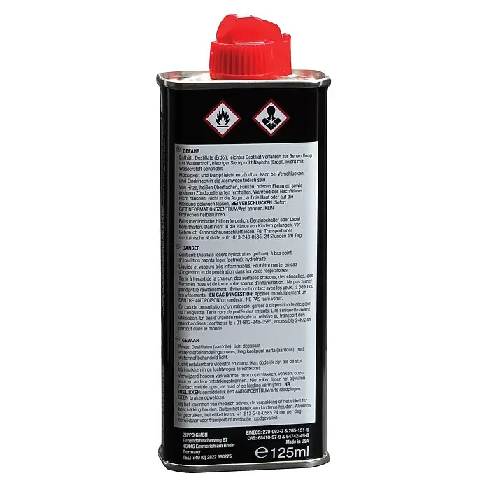 Zippo Spezialbenzin - 125 ml, Passend für: Zippo Sturmfeuerzeuge - Schwarzer Zippo Feuerzeugbenzinbehälter mit rotem Verschluss, Warnhinweisen und Produktinformationen.