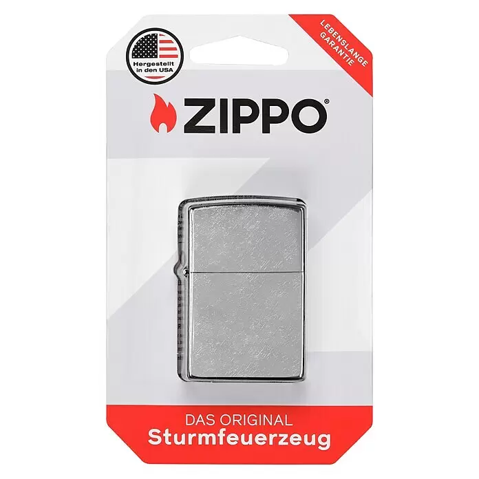 Zippo Sturmfeuerzeug Classic Street Chrome™ - Ohne - Silbernes Zippo Sturmfeuerzeug in Originalverpackung mit Hinweis auf lebenslange Garantie und Herstellung in den USA.