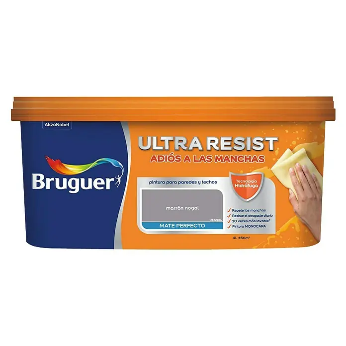 Bruguer Ultra Resist Pintura para paredes - Marrón nogal, Mate, 4 l - Pintura Bruguer Ultra Resist, color Marrón Nogal. La pintura es resistente a las manchas, duradera y fácil de limpiar, ideal para paredes y techos.
