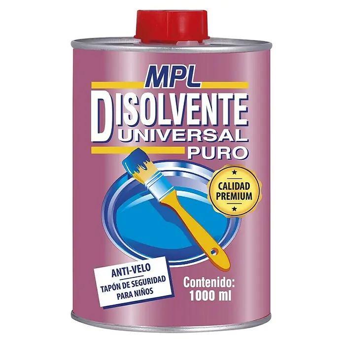 MPL Disolvente líquido Universal - 1 l - Bote de Disolvente Universal Puro de MPL, 1000 ml, con tapa roja, ilustración de pincel y tapón de seguridad para niños.