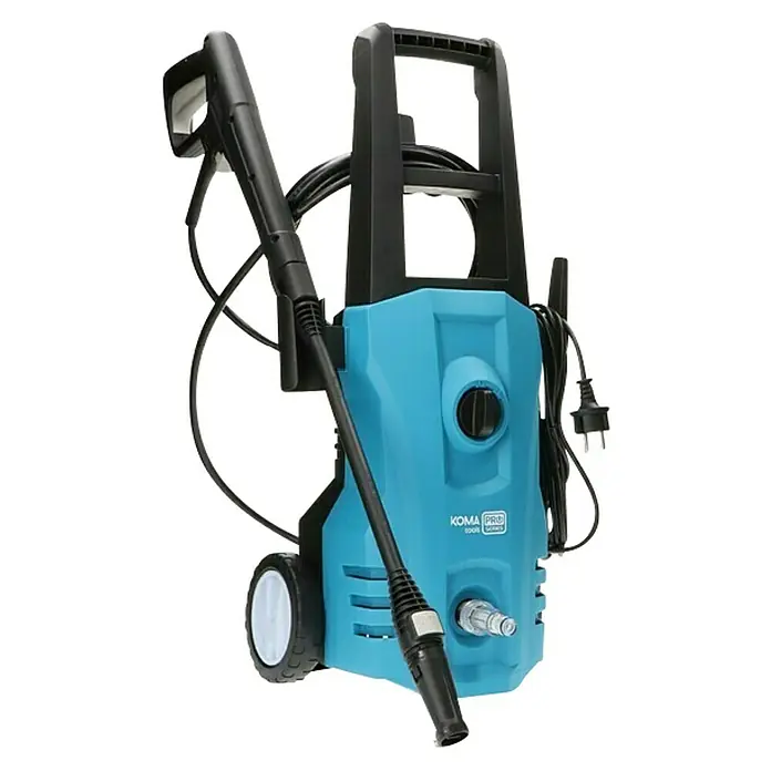 Koma Tools PRO Series Hidrolimpiadora de alta presión - 120 bar, 1.400 W, Capacidad de bombeo: 432 l/h - En la imagen, una hidrolimpiadora azul Koma Pro con mango negro y accesorios, diseñada para tareas de limpieza exterior eficientes.