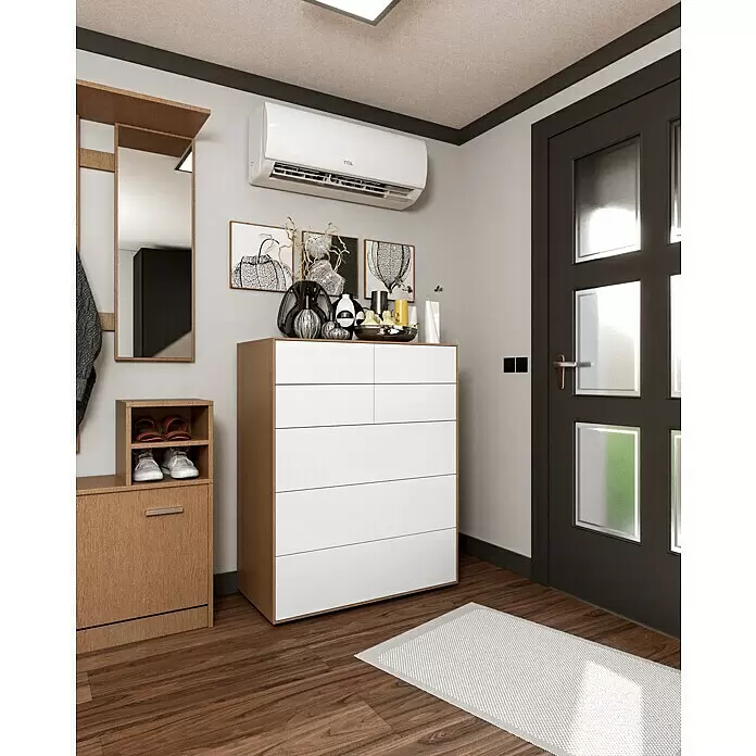 TCL Inverter-Klimasplitgerät Multi Split Duo - Kühlleistung: 1.650 W - 3.300 W, Heizleistung: 3.360 W, Raumgröße: 26 m², Passend für: 2 Räume bis jeweils 26 m² - Helle Holz- und weiße Flurmöbel-Set: Kommode, Schuhschrank und gerahmter Spiegel für den Eingangsbereich.