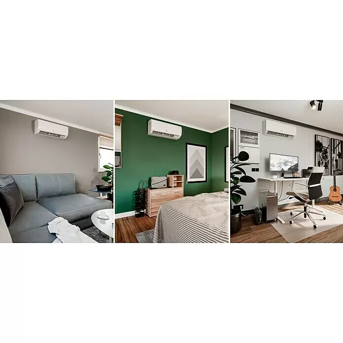 TCL Inverter-Klimasplitgerät Multi Split Trio - Kühlleistung: 2.740 W - 3.300 W, Heizleistung: 3.360 W, Raumgröße: 26 m², Passend für: 3 Räume bis jeweils 26 m² - Weißes TCL-Klimagerät, hoch an der Wand in drei verschiedenen Innenräumen montiert.