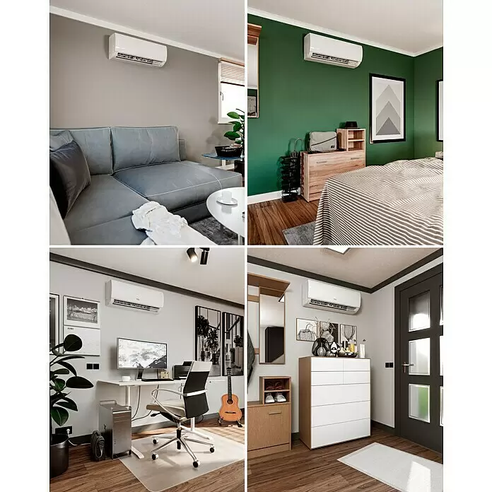 TCL Inverter-Klimasplitgerät Multi Split Quattro - Kühlleistung: 2.600 W - 3.500 W, Heizleistung: 2.600 W, Raumgröße: 26 m², Passend für: 4 Räume bis jeweils 26 m² - Weißes wandmontiertes Klimaanlagen-Innengerät in verschiedenen Räumen installiert.