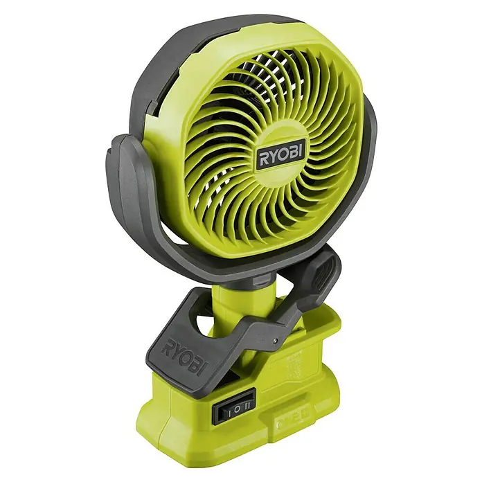 Ryobi ONE+ Akku-Ventilator RCF18-0 - 18 V, Ohne Akku - Eine Nahaufnahme eines tragbaren Ryobi ONE+ Ventilators mit grauem und limettengrünem Gehäuse vor schwarzem Hintergrund.