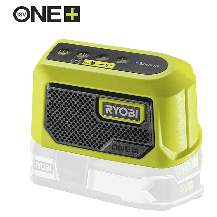 Ryobi ONE+ Akku-Bluetooth-Radio RBTM18-0 - 5 W, Ohne Akku - Ryobi ONE+ Bluetooth-Lautsprecher mit grünem Gehäuse und Bedienelementen für Musikwiedergabe und Lautstärke.