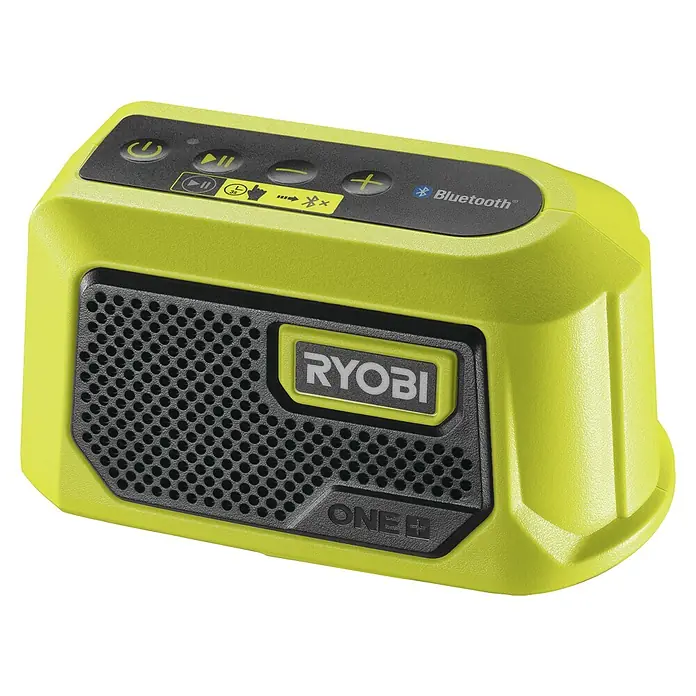 Ryobi ONE+ Akku-Bluetooth-Radio RBTM18-0 - 5 W, Ohne Akku - Das Bild zeigt einen hellgrünen Ryobi ONE+ Bluetooth-Lautsprecher mit schwarzem Lautsprechergitter und Bedienfeld oben.
