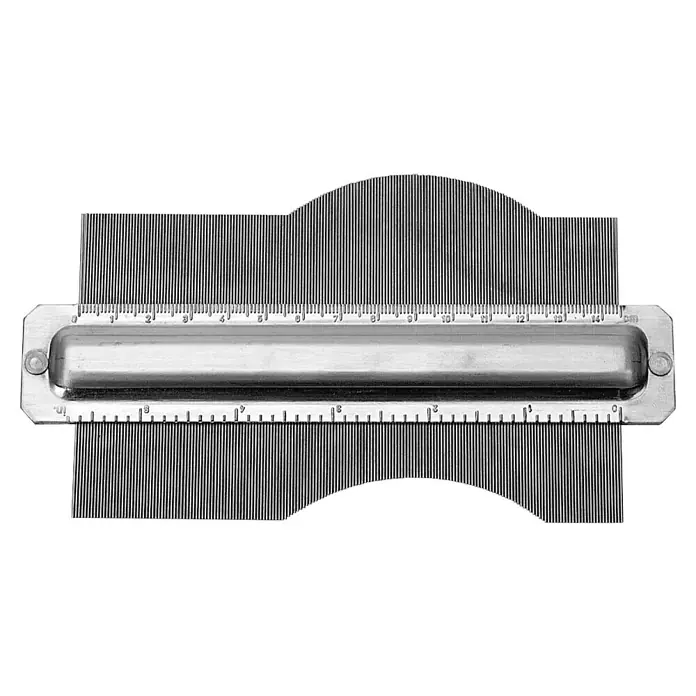 Scala Konturenlehre - Länge: 15 cm, Stahl - Das Bild zeigt eine Konturlehre aus Metall, die zum Übertragen von Formen und Profilen verwendet wird. Sie ist mit feinen Stiften und Messskalen ausgestattet.