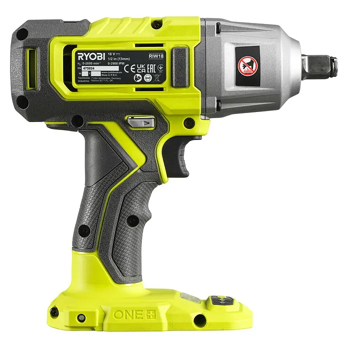 Ryobi ONE+ Akku-Schlagschrauber RIW18-0 - 18 V, Ohne Akku, 600 Nm - Das Bild zeigt einen Ryobi RIW18 Akku-Schlagschrauber in den Farben Gelb, Grau und Schwarz auf schwarzem Hintergrund.