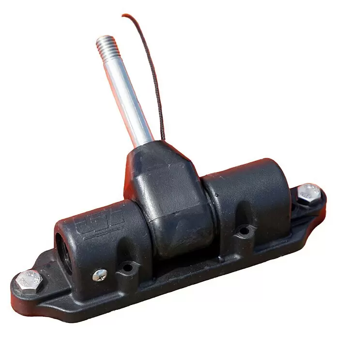 Temo Elektro-Außenbordmotor 450 - Leistung: 450 W, Pinnensteuerung - Schwarze, verstellbare Kunststoff-Halterung mit silberner Gewindestange, geeignet für Marine- oder Fahrzeuganwendungen.