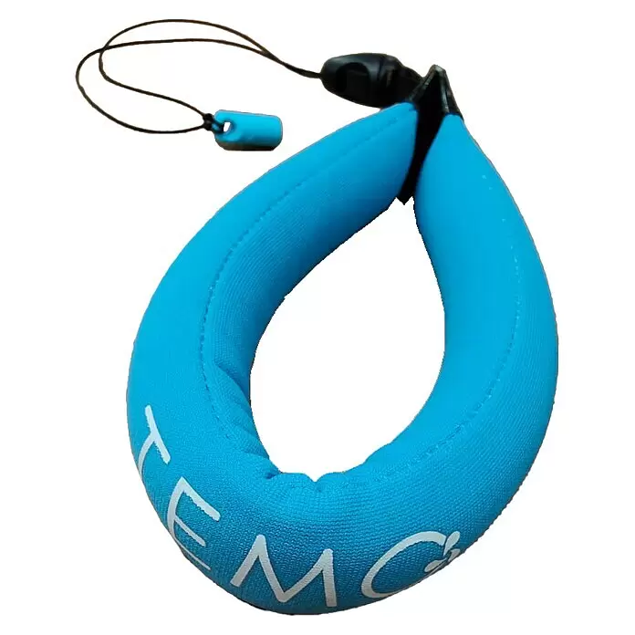 Temo Elektro-Außenbordmotor 450 - Leistung: 450 W, Pinnensteuerung - Blauer schwimmender Handgelenkriemen für Kameras oder Telefone, aus weichem Stoff mit schwarzem Verschluss und Kordel, gegen Versinken.
