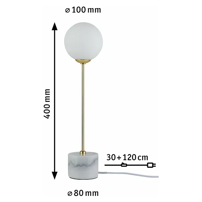 Paulmann Neordic Tischleuchte rund Moa - 10 W, Ø x H: 100 mm x 40 cm, Gold, Weiß, G9 - Abbildung einer stilvollen Tischleuchte mit einem kugelförmigen Lampenschirm und einem marmorierten Sockel. Die Lampe ist 400 mm hoch.