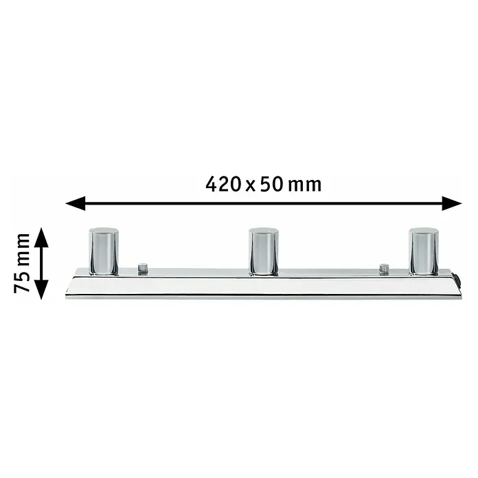 Paulmann Spiegelleuchte Regula - 120 W, L x B x H: 42 x 5 x 7,5 cm, Chrom, Anzahl Leuchtmittel: 3 Stk. - Abbildung eines 420 x 50 mm breiten und 75 mm hohen verchromten Handtuchhalters mit drei Stangen zur Wandmontage.